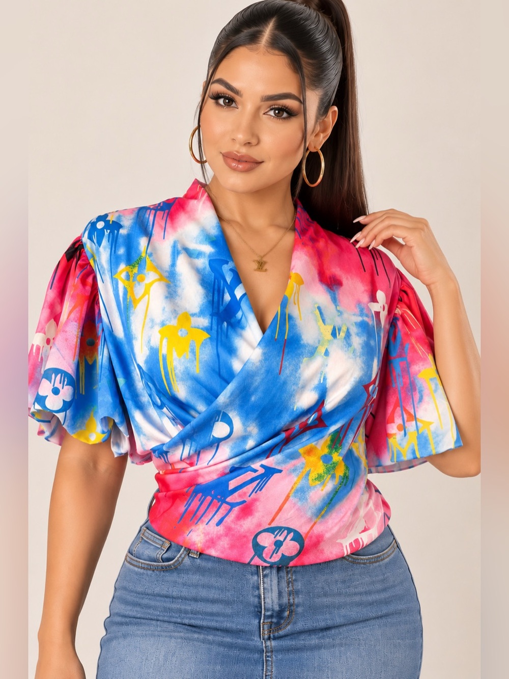Tie-Dye V-Neck Wrap Blouse in Blue & Pink